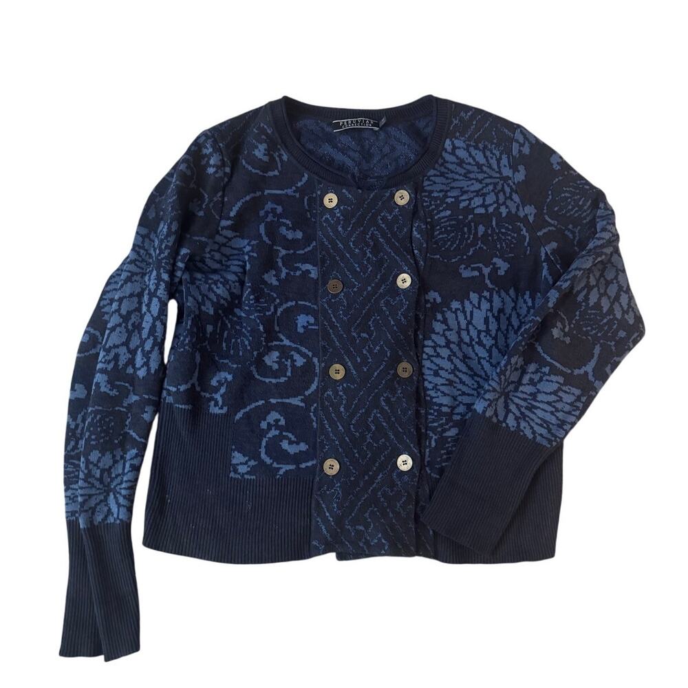 Peruvian Connection | Pima Cotton Floral Double Breasted Cardigan | Size Medium